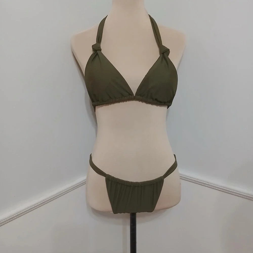 Womens‎ Olive Green Triangle Halter Bikini Set Size Large Ruched Bottoms NWOT